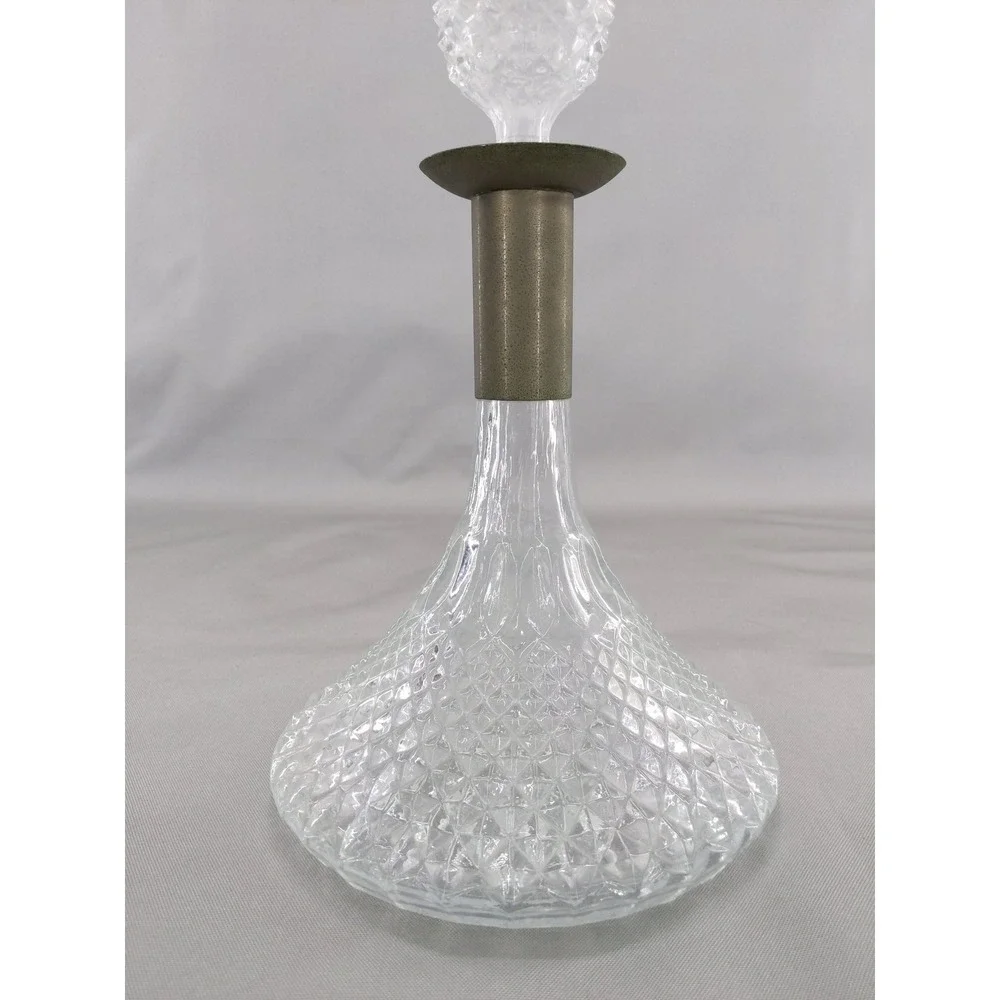Vintage Pressed Glass Captains Ship Decanter Clear Diamond Pattern Metallic Neck